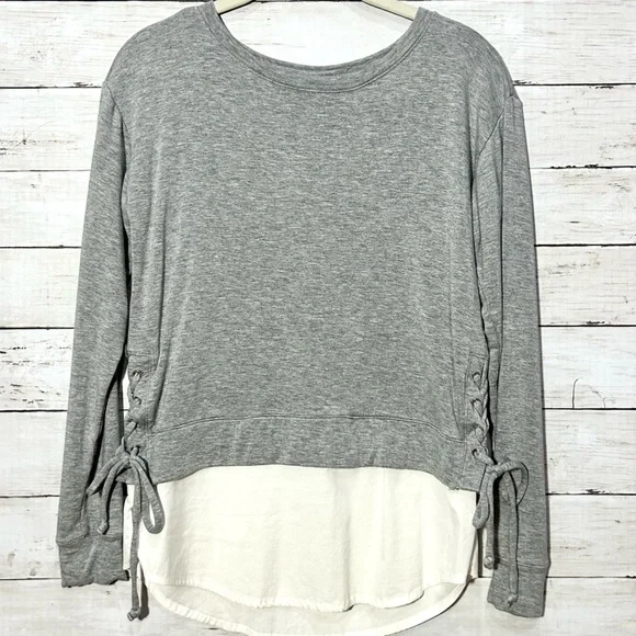 WHBM Long Sleeve Lace Up Sweatshirt with Faux Layer Shirt, Women’s size XS - Picture 8 of 10